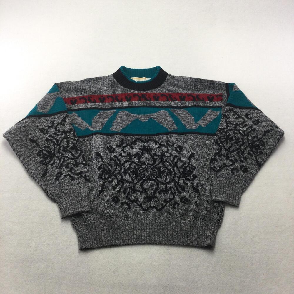 Vintage London Fog Sweater Mens Medium Gray Geometric Knit Crew Neck USA